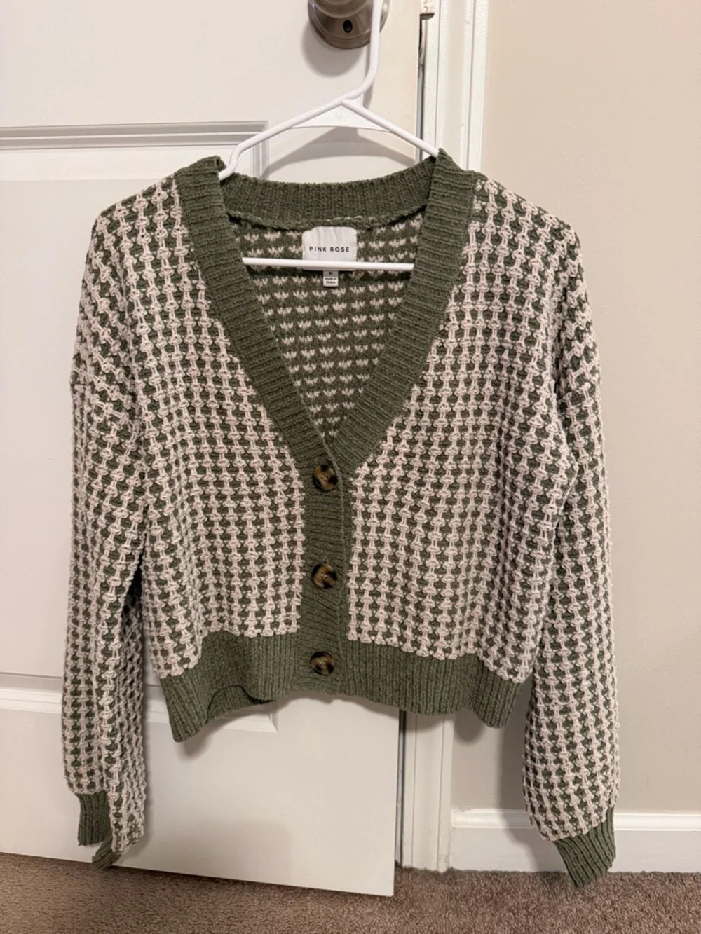 Olive and Cream Knit V-Neck Cardigan Sweater - Picture 1 of 3